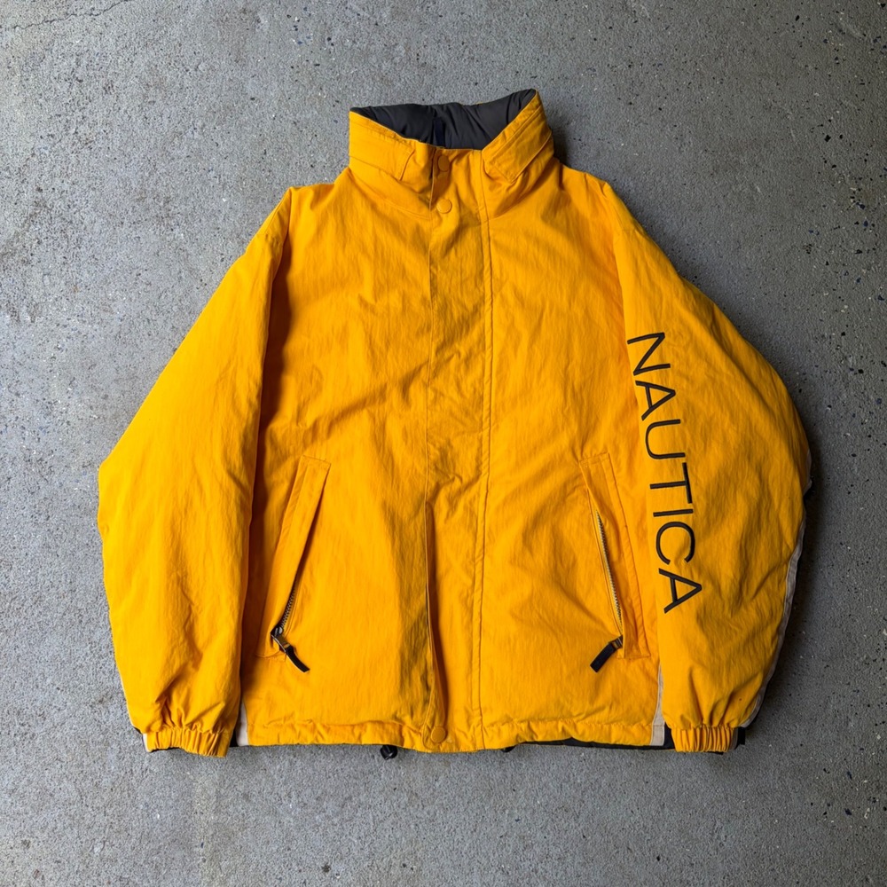 Vintage Nautica Reversible Puffer Jacket Yellow Grey NS83 90s Streetwear